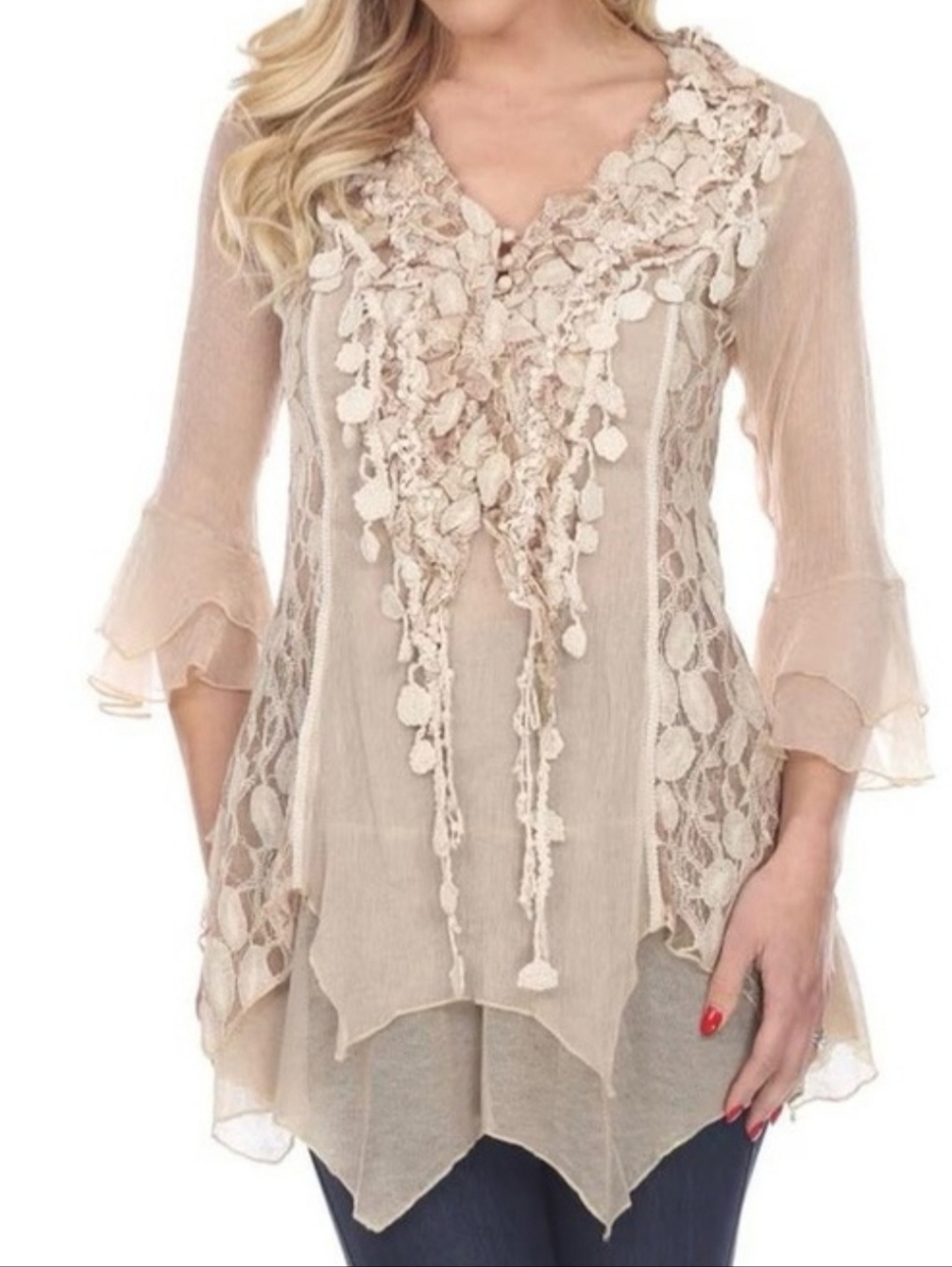 Pretty Angel Y2K Boho Grunge Fairycore Renaissance Ruffled Lace Silk Blouse Sz L - Picture 8 of 9